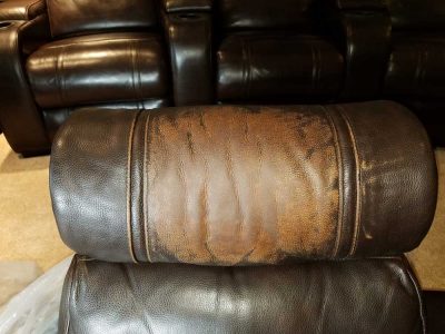 Skin Oil Damage To A Top Coated Finished Leather Restored (before)